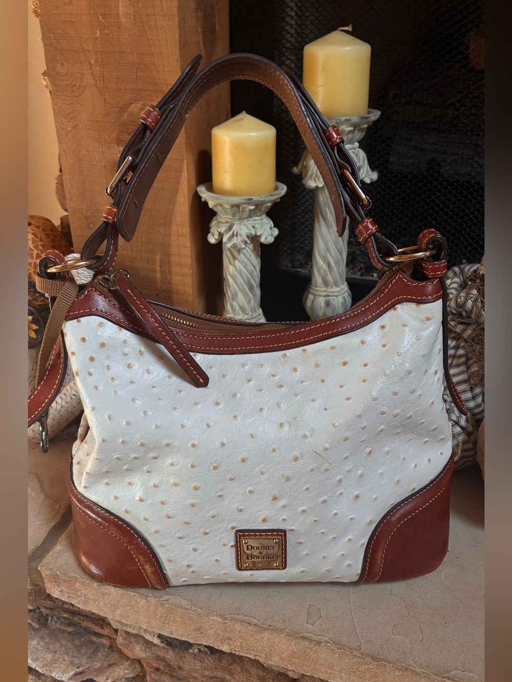 Dooney & Bourke White and Brown Ostrich-Embossed Leather Shoulder Bag